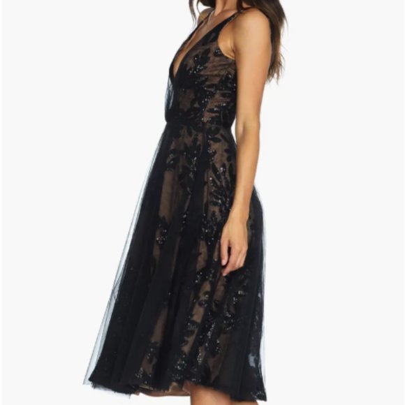 DRESS THE POPULATION COURTNEY SEQUIN LACE BLACK/NUDE COCKTAIL MIDI DRESS sz S - Picture 2 of 4